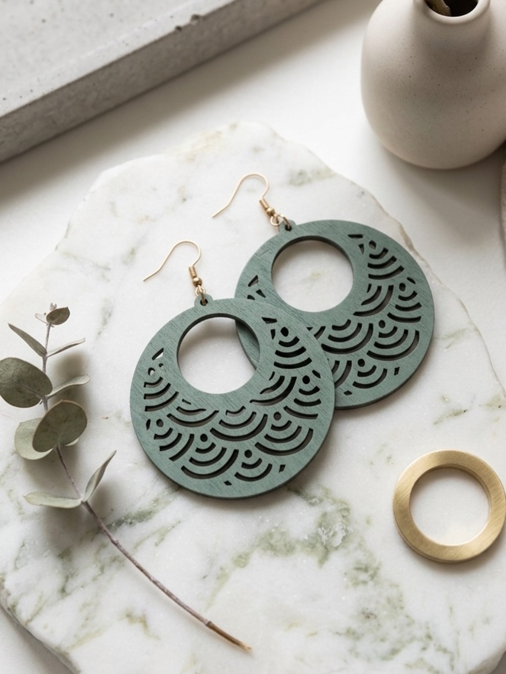 Plunder Vintage Look Boho Sage Green Laser Cut Wooden Hoop Earrings
